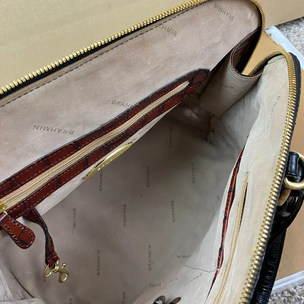Brahmin Duxbury Satchel Women Red Black Croc Embossed Leather Dome Bag Handbag